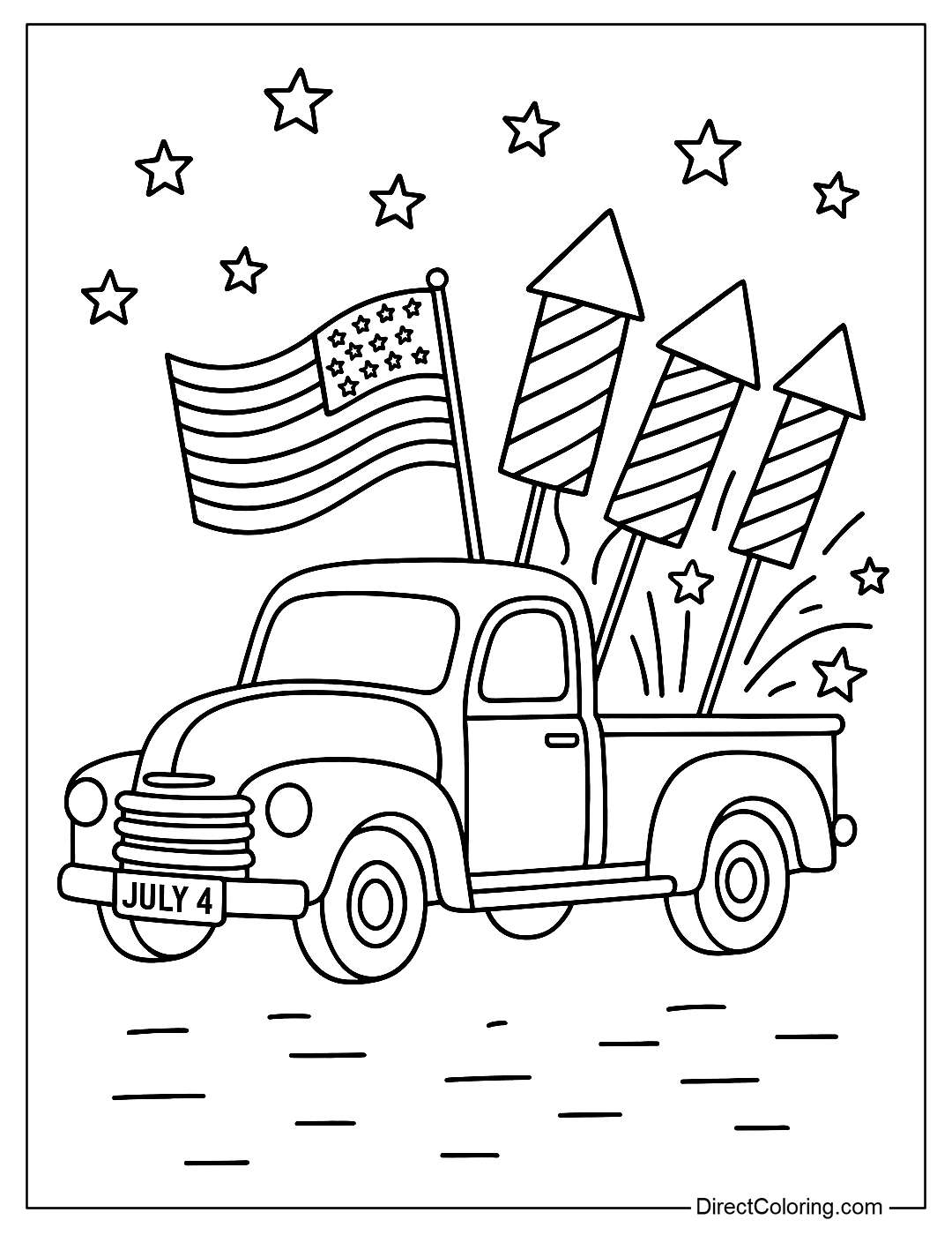 A coloring page with a vintage American truck, loaded with flags and fireworks, with a sign reading 